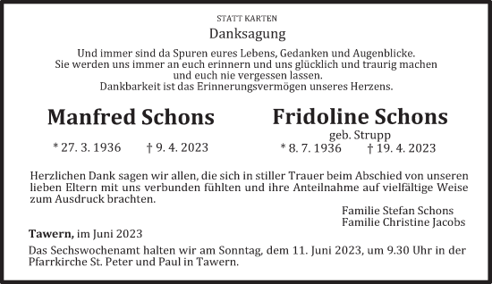 Todesanzeige von Manfred und Fridoline Schons von trierischer_volksfreund