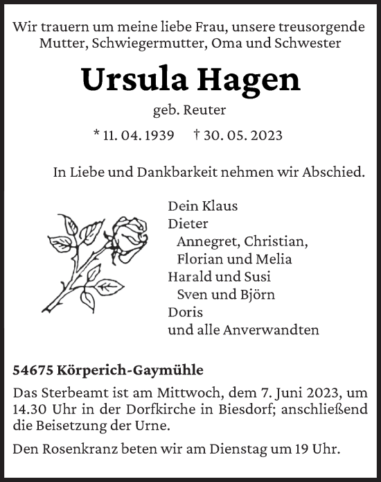Todesanzeige von Ursula Hagen von trierischer_volksfreund