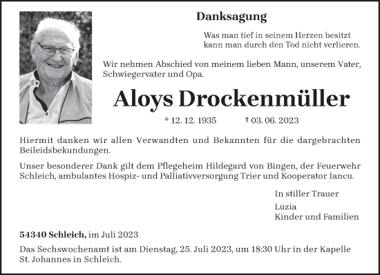 Todesanzeige von Aloys Drockenmüller von trierischer_volksfreund