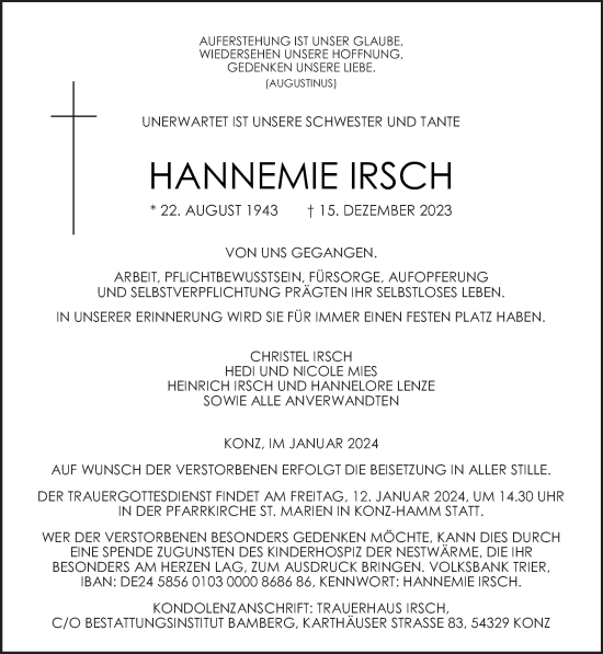 Todesanzeige von Hannemie Irsch von trierischer_volksfreund