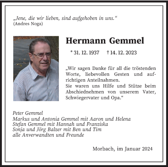 Todesanzeige von Hermann Gemmel von trierischer_volksfreund