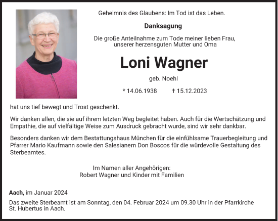 Todesanzeige von Loni Wagner von trierischer_volksfreund