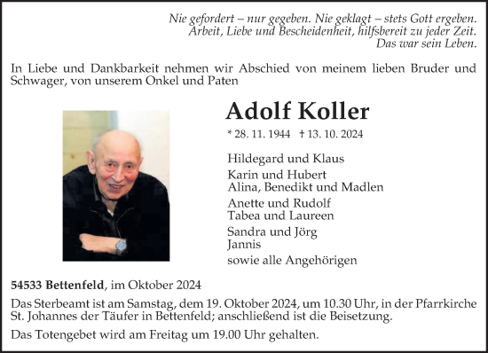 Todesanzeige von Adolf Koller von trierischer_volksfreund