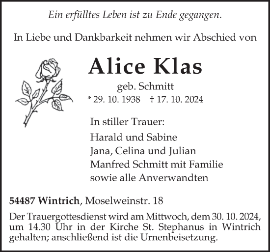 Todesanzeige von Alice Klas von trierischer_volksfreund