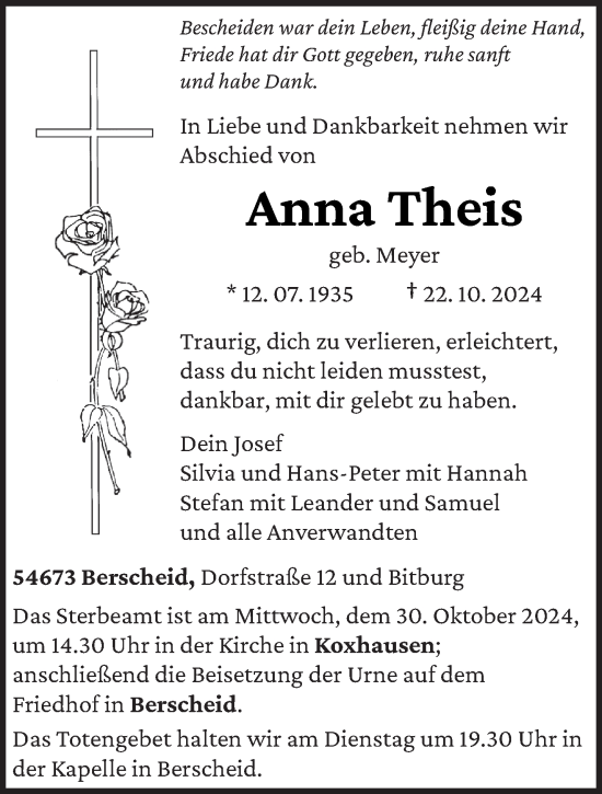 Todesanzeige von Anna Theis von trierischer_volksfreund