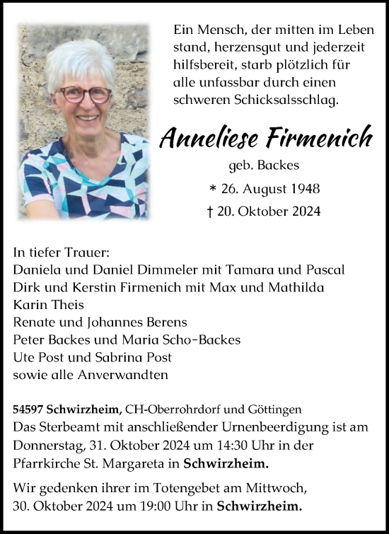 Todesanzeige von Anneliese Firmenich von trierischer_volksfreund