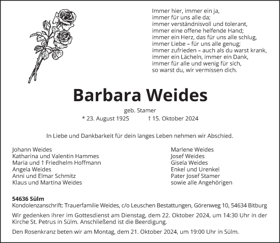 Todesanzeige von Barbara Weides von trierischer_volksfreund