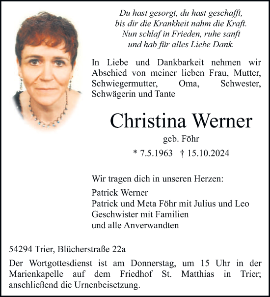 Todesanzeige von Christina Werner von trierischer_volksfreund