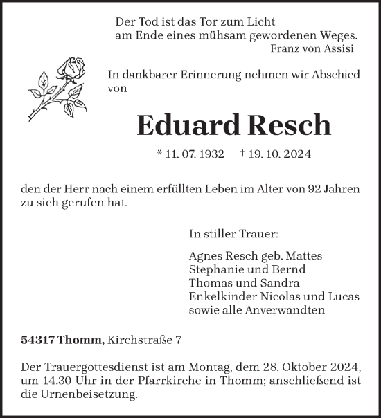 Todesanzeige von Eduard Resch von trierischer_volksfreund