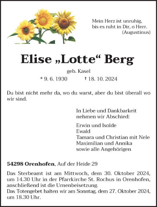 Todesanzeige von Elise  Berg von trierischer_volksfreund