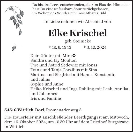 Todesanzeige von Elke Krischel von trierischer_volksfreund