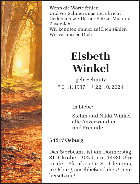 Todesanzeige von Elsbeth Winkel von trierischer_volksfreund