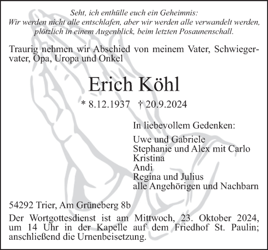 Todesanzeige von Erich Köhl von trierischer_volksfreund