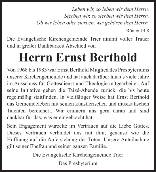 Todesanzeige von Ernst Berthold von trierischer_volksfreund