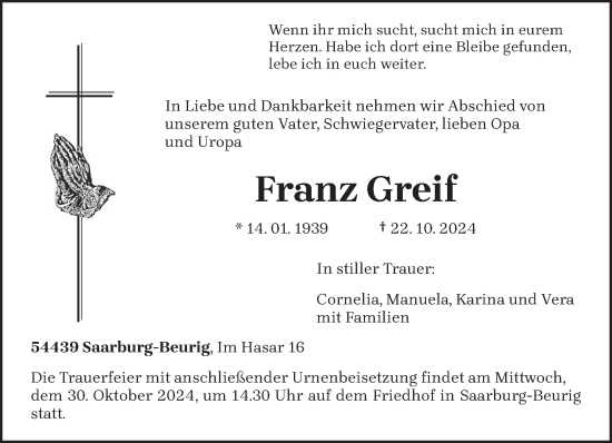 Todesanzeige von Franz Greif von trierischer_volksfreund