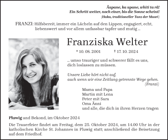 Todesanzeige von Franziska Welter von trierischer_volksfreund