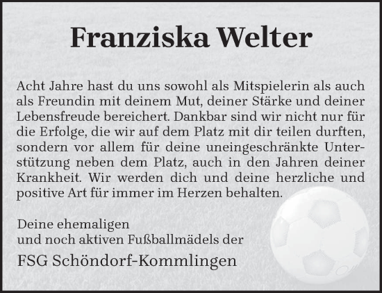 Todesanzeige von Franziska Welter von trierischer_volksfreund