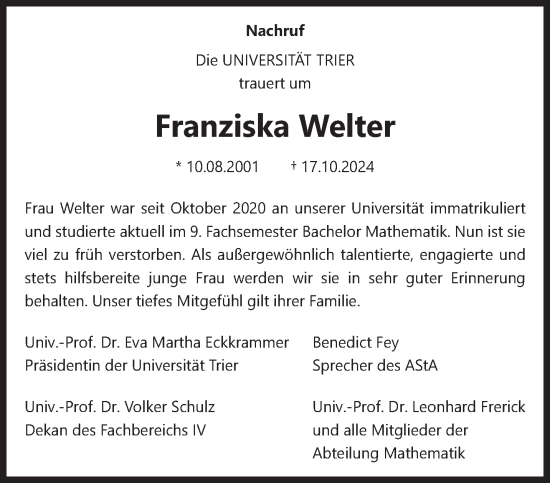 Todesanzeige von Franziska Welter von trierischer_volksfreund