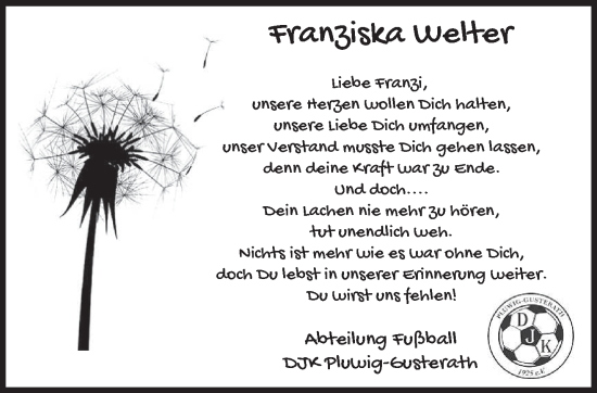 Todesanzeige von Franziska Welter von trierischer_volksfreund