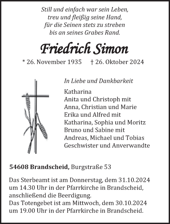 Todesanzeige von Friedrich Simon von trierischer_volksfreund