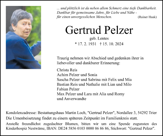 Todesanzeige von Gertrud Pelzer von trierischer_volksfreund