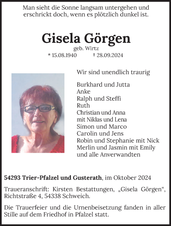 Todesanzeige von Gisela Görgen von trierischer_volksfreund