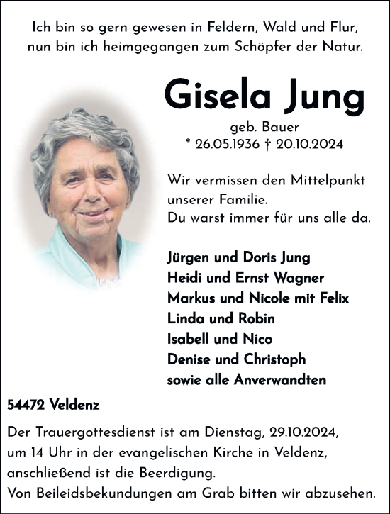 Todesanzeige von Gisela Jung von trierischer_volksfreund