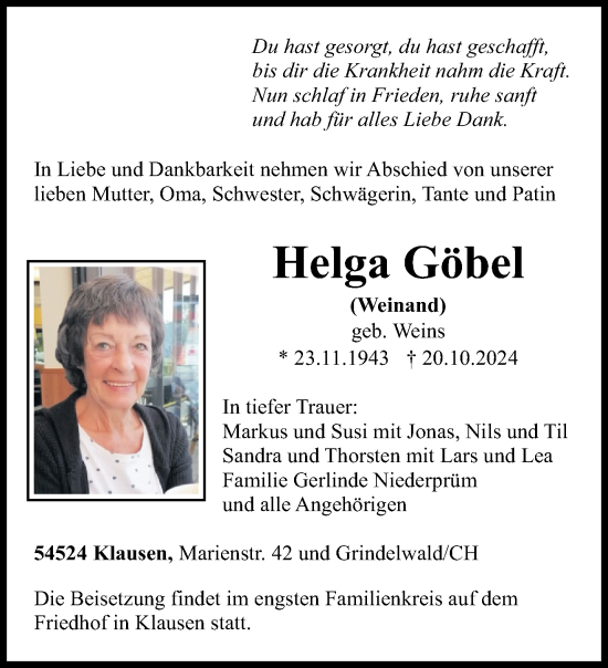 Todesanzeige von Helga Göbel von trierischer_volksfreund