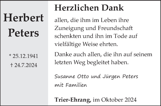 Todesanzeige von Herbert Peters von trierischer_volksfreund