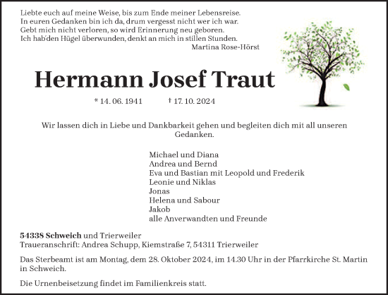 Todesanzeige von Hermann Josef Traut von trierischer_volksfreund