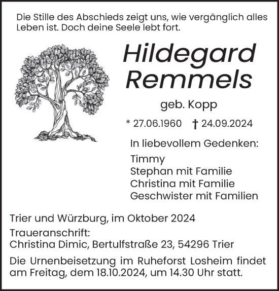 Todesanzeige von Hildegard Remmels von trierischer_volksfreund