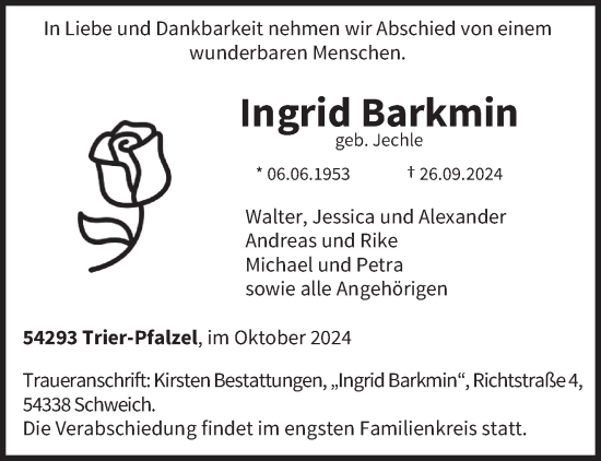 Todesanzeige von Ingrid Barkmin von trierischer_volksfreund