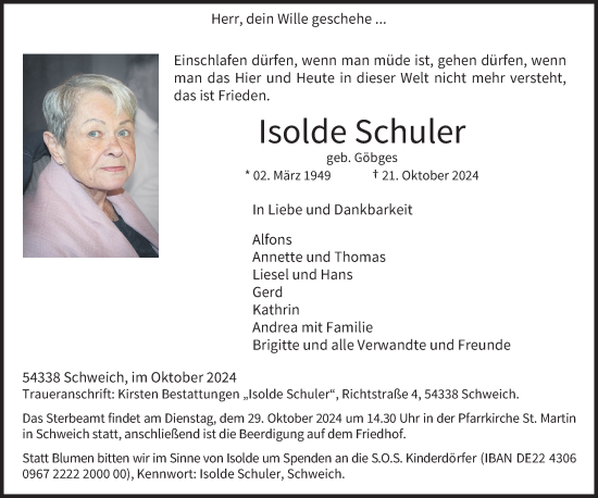 Todesanzeige von Isolde Schuler von trierischer_volksfreund