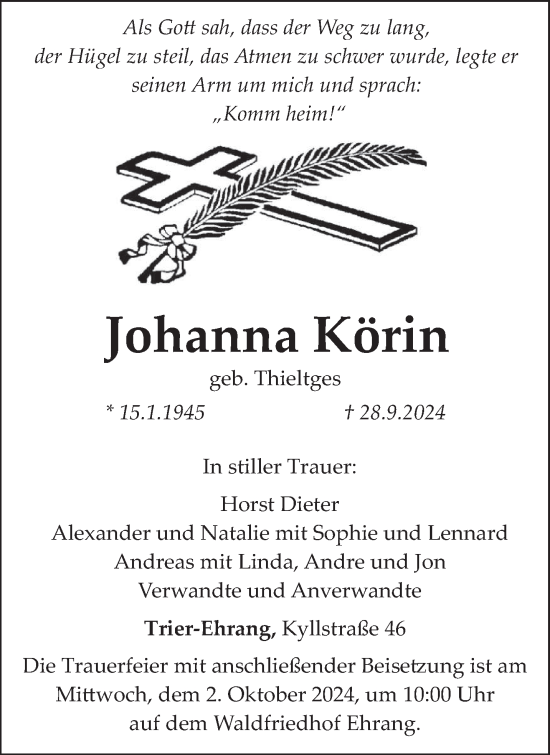 Todesanzeige von Johanna Körin von trierischer_volksfreund