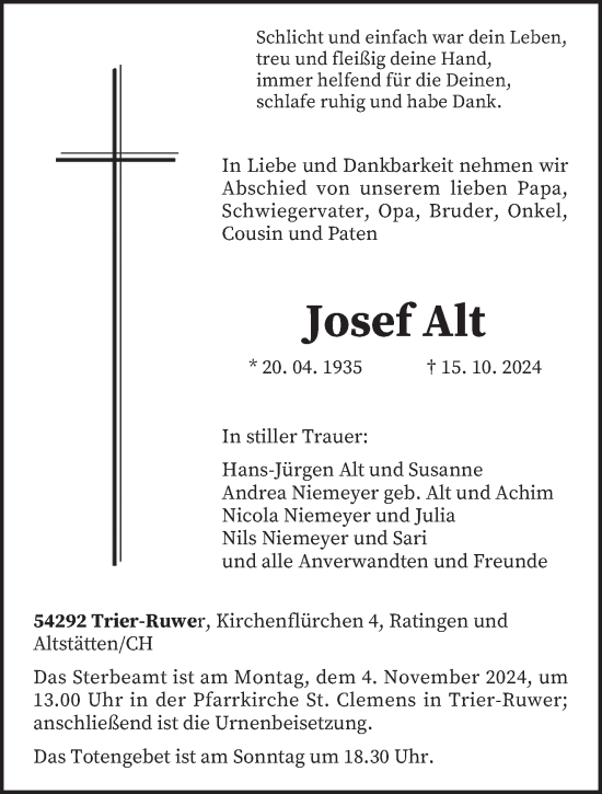 Todesanzeige von Josef Alt von trierischer_volksfreund