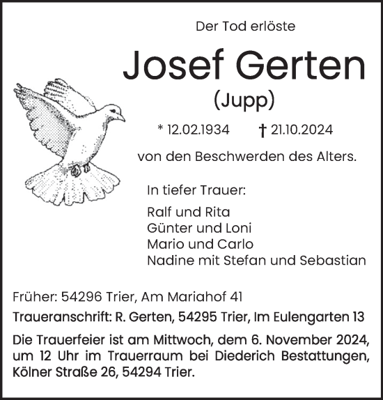 Todesanzeige von Josef Gerten von trierischer_volksfreund