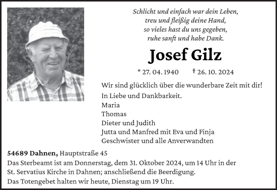 Todesanzeige von Josef Gilz von trierischer_volksfreund