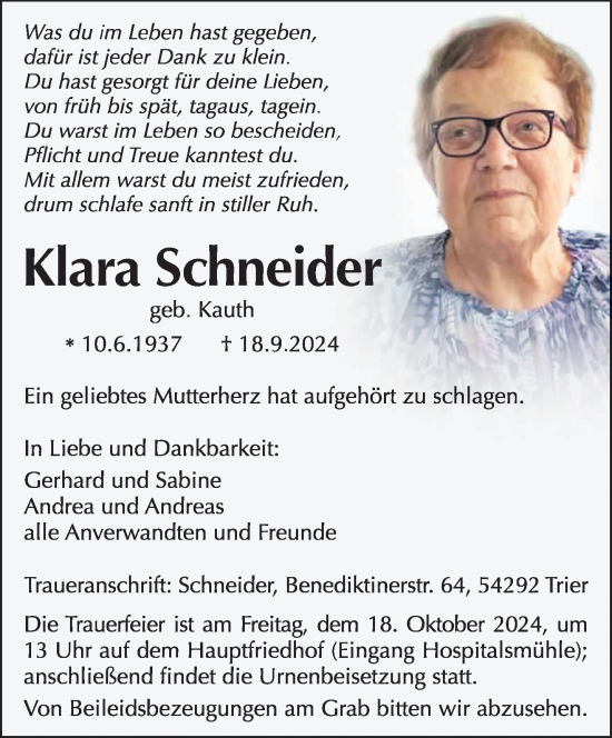 Todesanzeige von Klara Schneider von trierischer_volksfreund