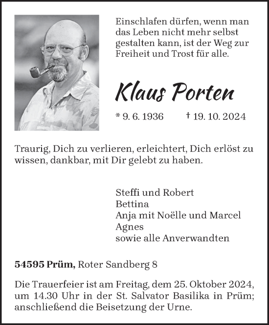 Todesanzeige von Klaus Porten von trierischer_volksfreund