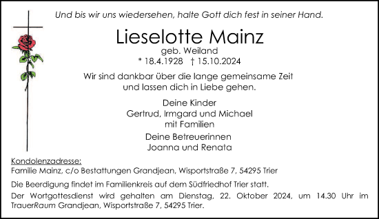 Todesanzeige von Lieselotte Mainz von trierischer_volksfreund