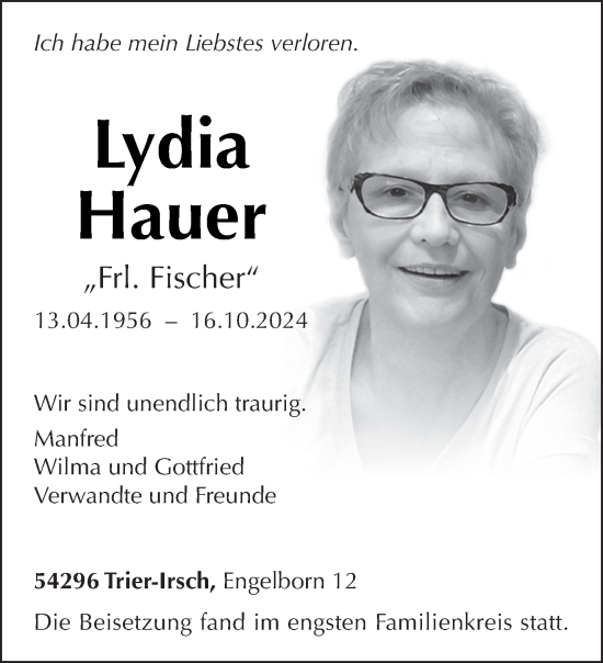 Todesanzeige von Lydia Hauer von trierischer_volksfreund