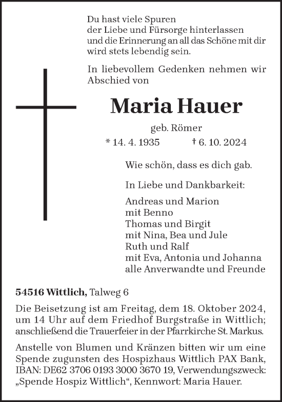 Todesanzeige von Maria Hauer von trierischer_volksfreund