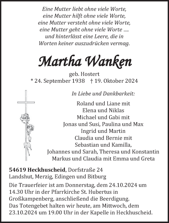 Todesanzeige von Martha Wanken von trierischer_volksfreund