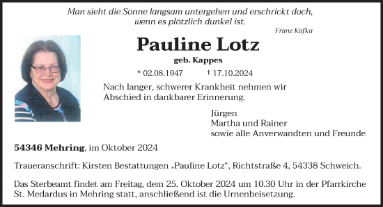 Todesanzeige von Pauline Lotz von trierischer_volksfreund