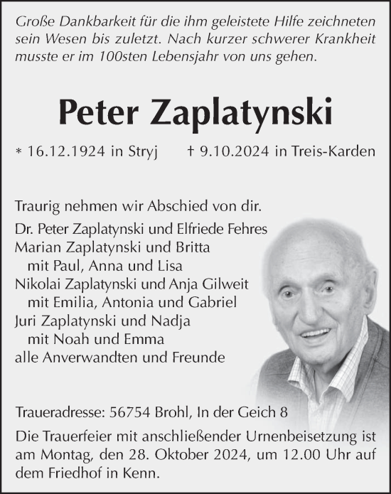 Todesanzeige von Peter Zaplatynski von trierischer_volksfreund