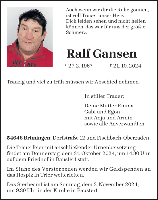 Todesanzeige von Ralf Gansen von trierischer_volksfreund