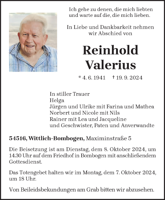 Todesanzeige von Reinhold Valerius von trierischer_volksfreund