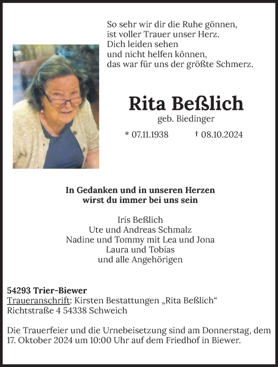 Todesanzeige von Rita Beßlich von trierischer_volksfreund