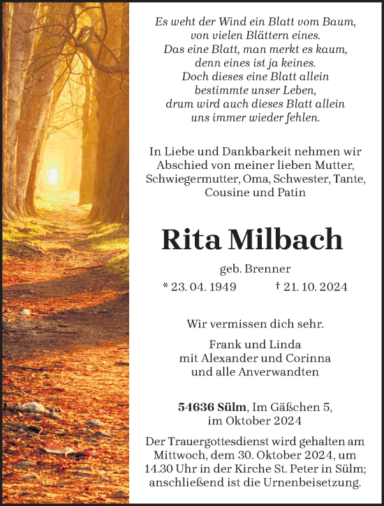 Todesanzeige von Rita Milbach von trierischer_volksfreund