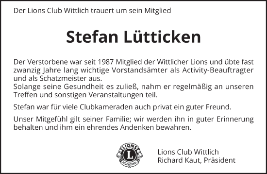 Todesanzeige von Stefan Lütticken von trierischer_volksfreund